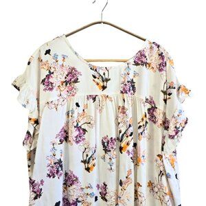 Kori America Blouse Small White Floral Drop Shoulder Short Sleeve Tie Back NWT